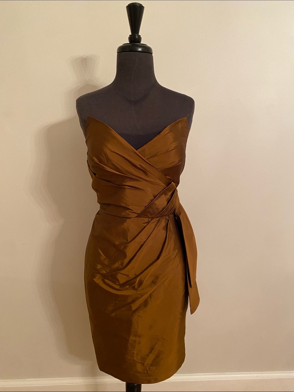 Maggy London Strapless Wrap Satin Dress in Bronze Brown